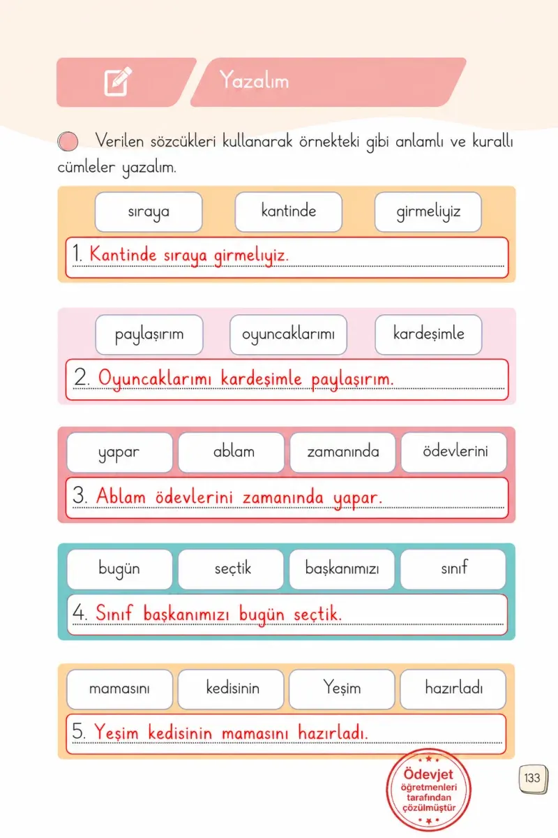 1. Sınıf Türkçe Ders Kitabı Cevapları Meb Yayınları 2. Kitap Sayfa 133 Çözüm Görseli