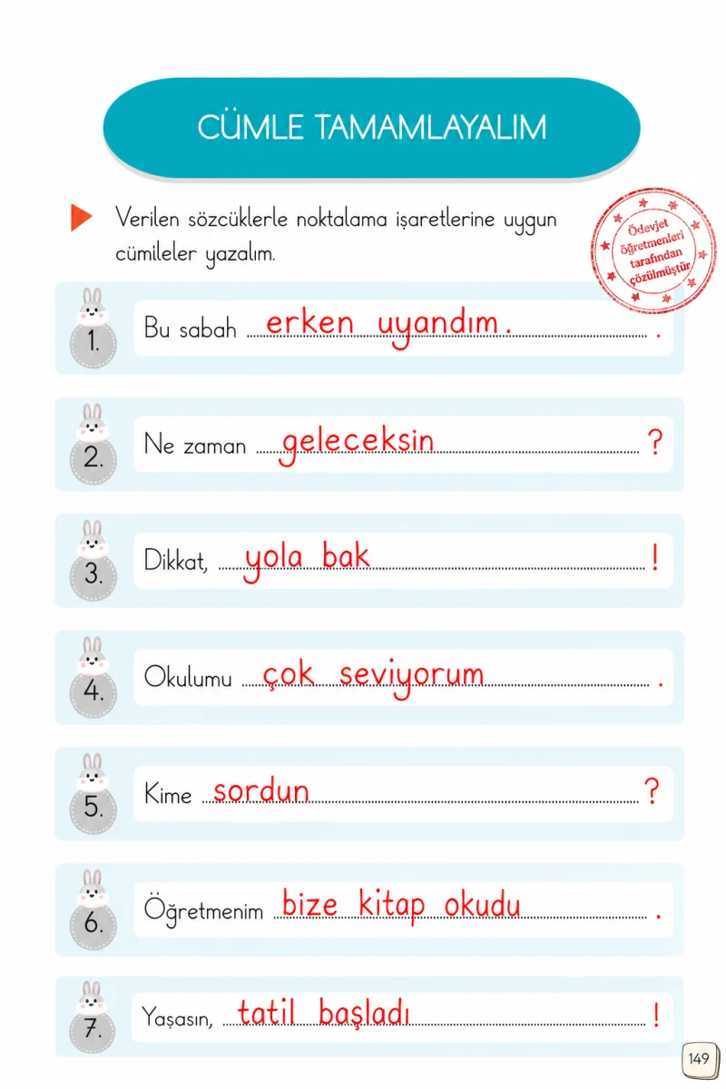 1. Sınıf Türkçe Ders Kitabı Cevapları Meb Yayınları 2. Kitap Sayfa 149 Çözüm Görseli