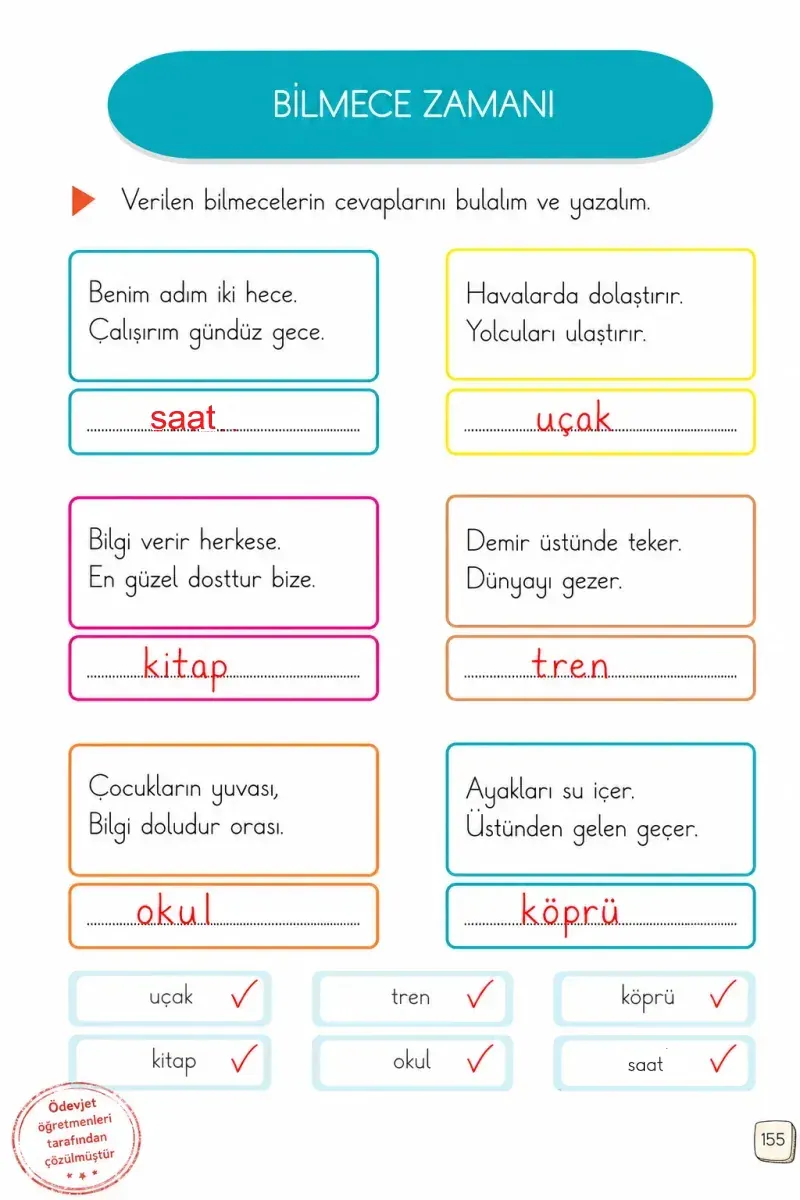 1. Sınıf Türkçe Ders Kitabı Cevapları Meb Yayınları 2. Kitap Sayfa 155 Çözüm Görseli