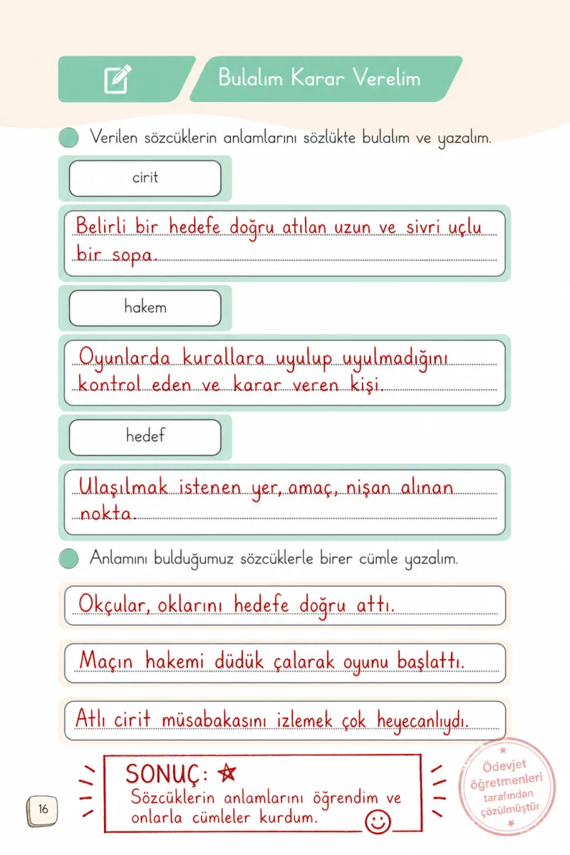 1. Sınıf Türkçe Ders Kitabı Cevapları Meb Yayınları 2. Kitap Sayfa 16 Çözüm Görseli