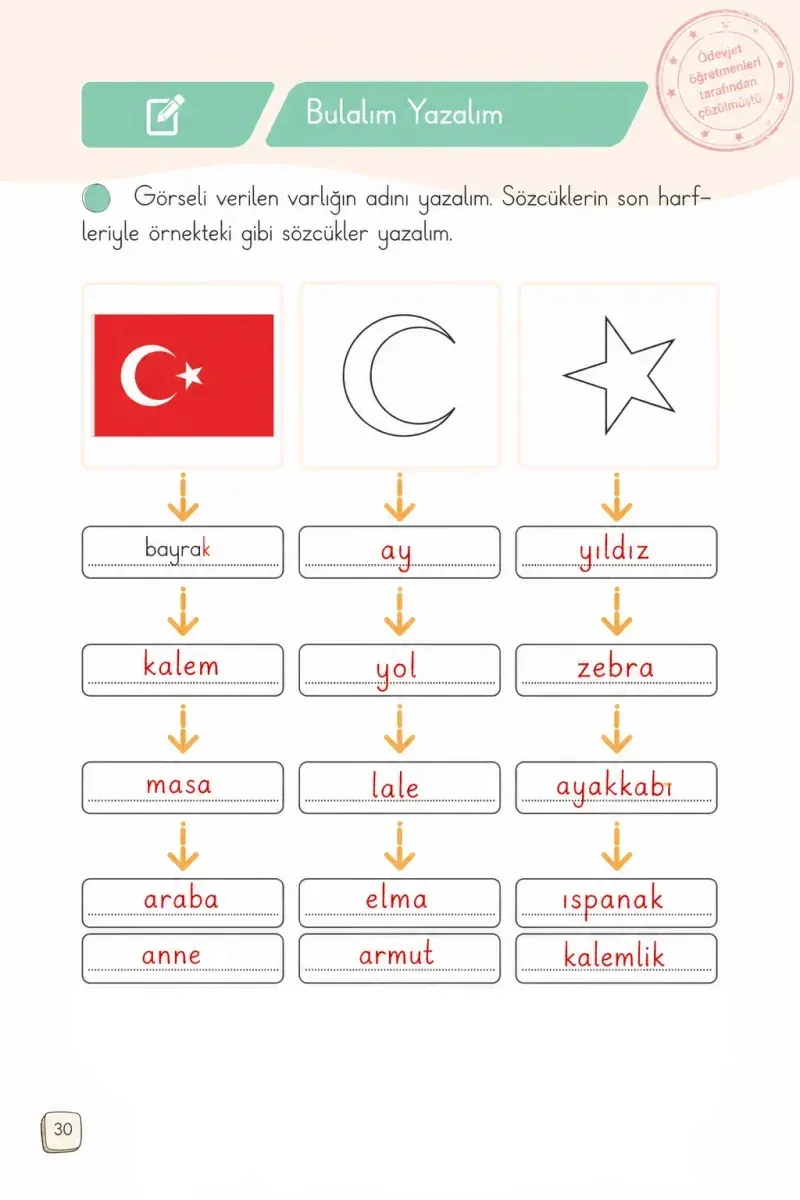 1. Sınıf Türkçe Ders Kitabı Cevapları Meb Yayınları 2. Kitap Sayfa 30 Çözüm Görseli