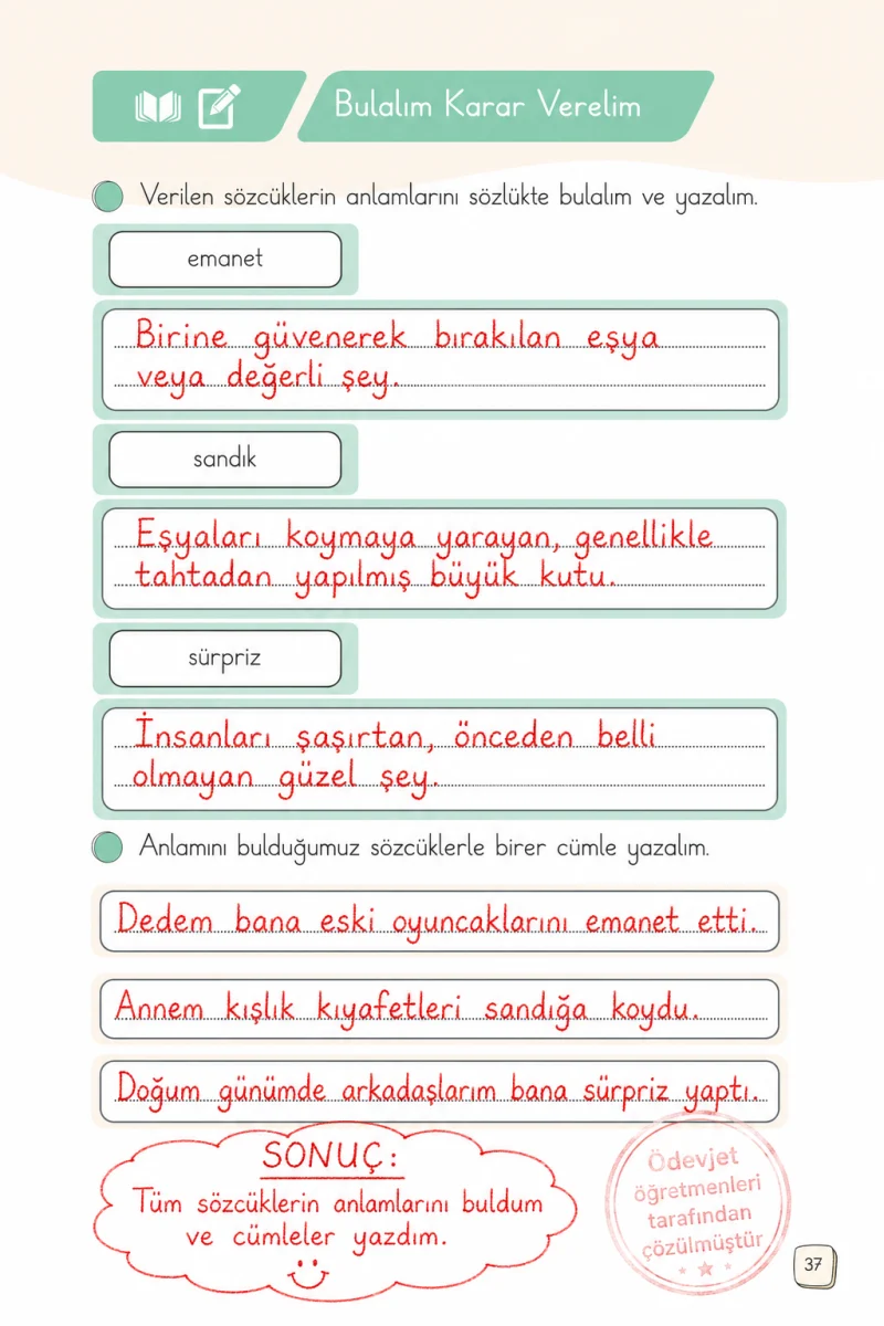1. Sınıf Türkçe Ders Kitabı Cevapları Meb Yayınları 2. Kitap Sayfa 37 Çözüm Görseli