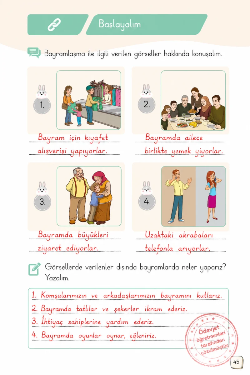 1. Sınıf Türkçe Ders Kitabı Cevapları Meb Yayınları 2. Kitap Sayfa 45 Çözüm Görseli