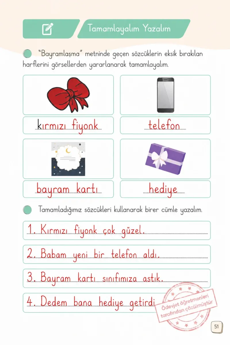 1. Sınıf Türkçe Ders Kitabı Cevapları Meb Yayınları 2. Kitap Sayfa 51 Çözüm Görseli