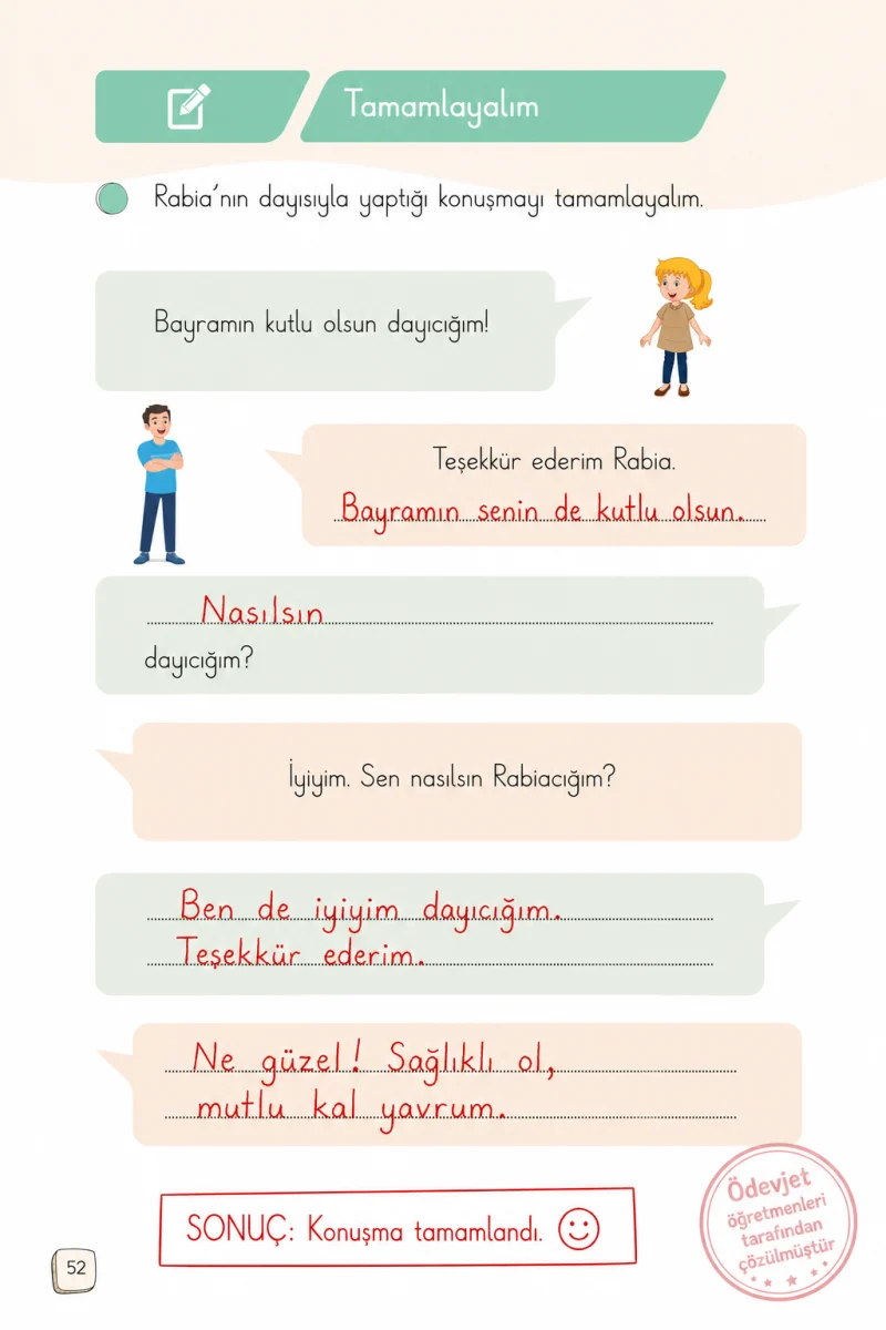 1. Sınıf Türkçe Ders Kitabı Cevapları Meb Yayınları 2. Kitap Sayfa 52 Çözüm Görseli