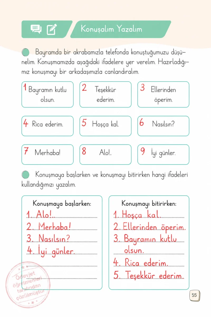 1. Sınıf Türkçe Ders Kitabı Cevapları Meb Yayınları 2. Kitap Sayfa 55 Çözüm Görseli