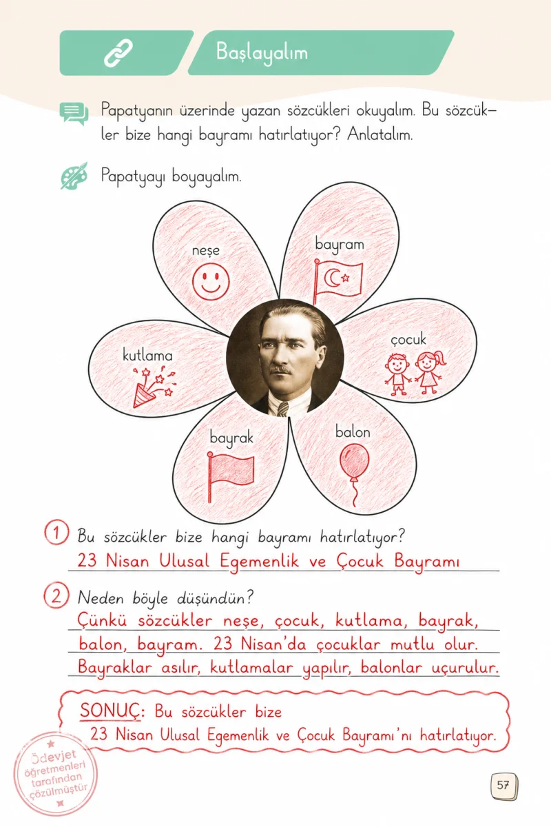 1. Sınıf Türkçe Ders Kitabı Cevapları Meb Yayınları 2. Kitap Sayfa 57 Çözüm Görseli