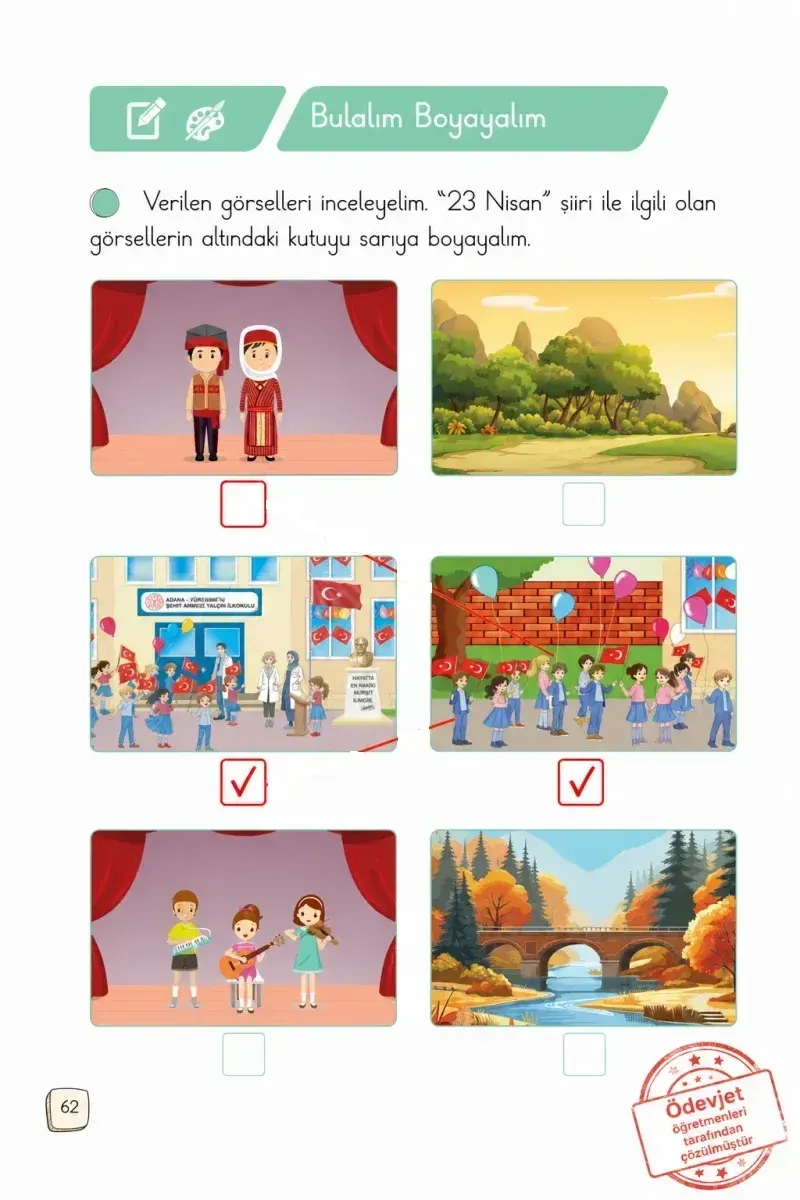 1. Sınıf Türkçe Ders Kitabı Cevapları Meb Yayınları 2. Kitap Sayfa 62 Çözüm Görseli