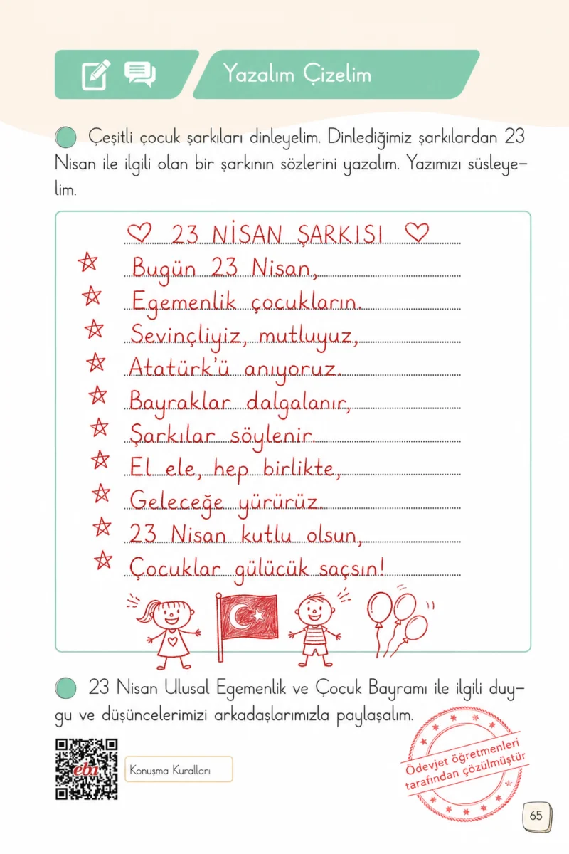 1. Sınıf Türkçe Ders Kitabı Cevapları Meb Yayınları 2. Kitap Sayfa 65 Çözüm Görseli
