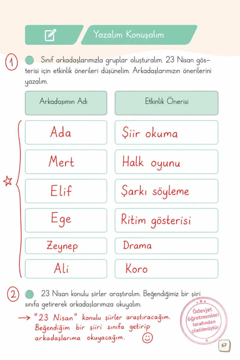 1. Sınıf Türkçe Ders Kitabı Cevapları Meb Yayınları 2. Kitap Sayfa 67 Çözüm Görseli