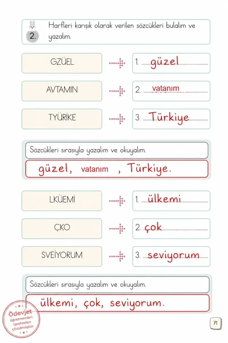 1. Sınıf Türkçe Ders Kitabı Cevapları Meb Yayınları 2. Kitap Sayfa 71 Çözüm Görseli