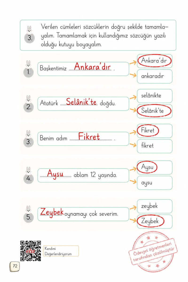 1. Sınıf Türkçe Ders Kitabı Cevapları Meb Yayınları 2. Kitap Sayfa 72 Çözüm Görseli