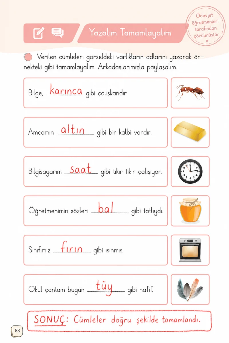 1. Sınıf Türkçe Ders Kitabı Cevapları Meb Yayınları 2. Kitap Sayfa 88 Çözüm Görseli