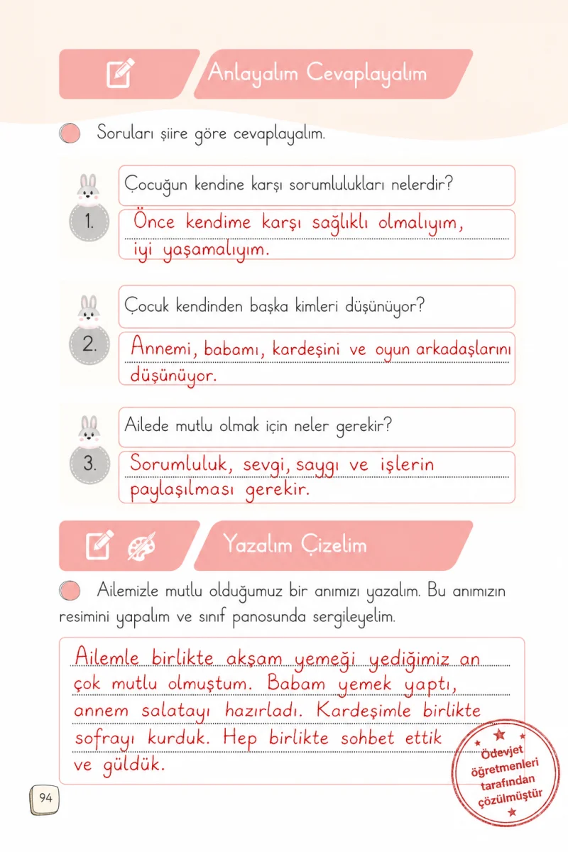 1. Sınıf Türkçe Ders Kitabı Cevapları Meb Yayınları 2. Kitap Sayfa 94 Çözüm Görseli