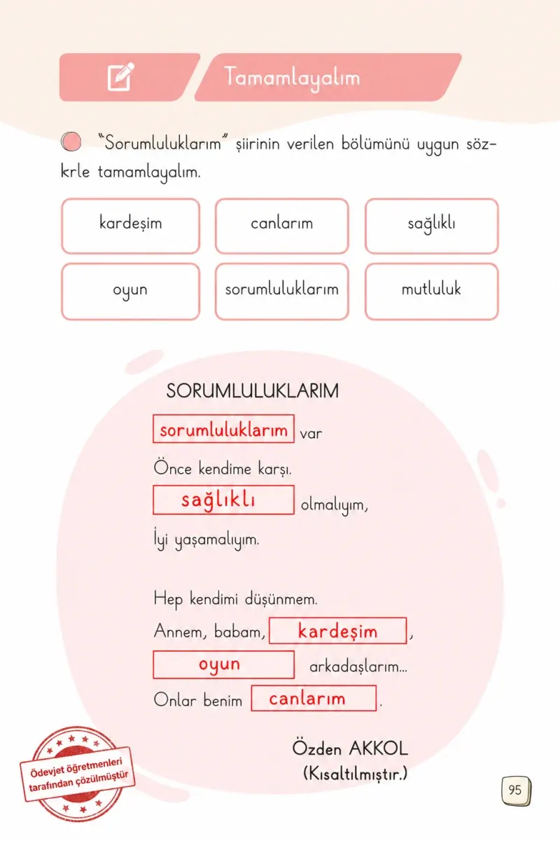 1. Sınıf Türkçe Ders Kitabı Cevapları Meb Yayınları 2. Kitap Sayfa 95 Çözüm Görseli