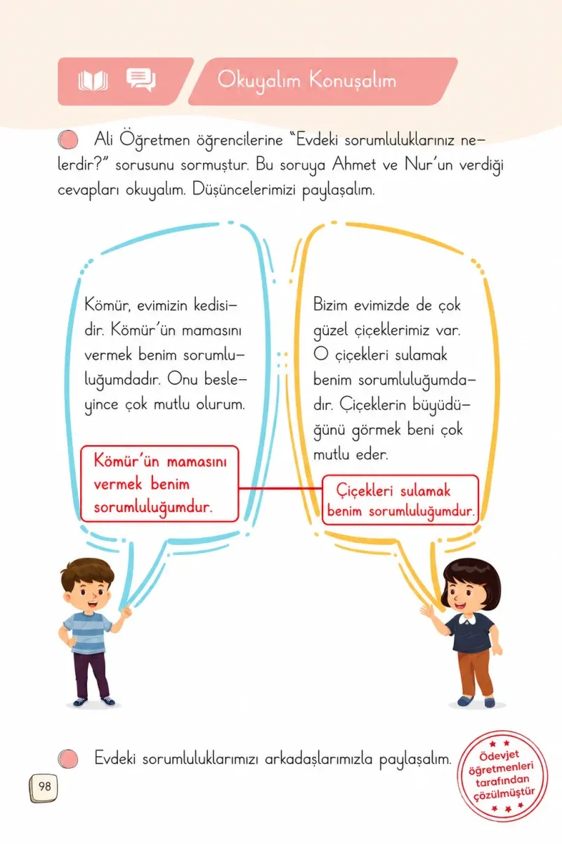 1. Sınıf Türkçe Ders Kitabı Cevapları Meb Yayınları 2. Kitap Sayfa 98 Çözüm Görseli