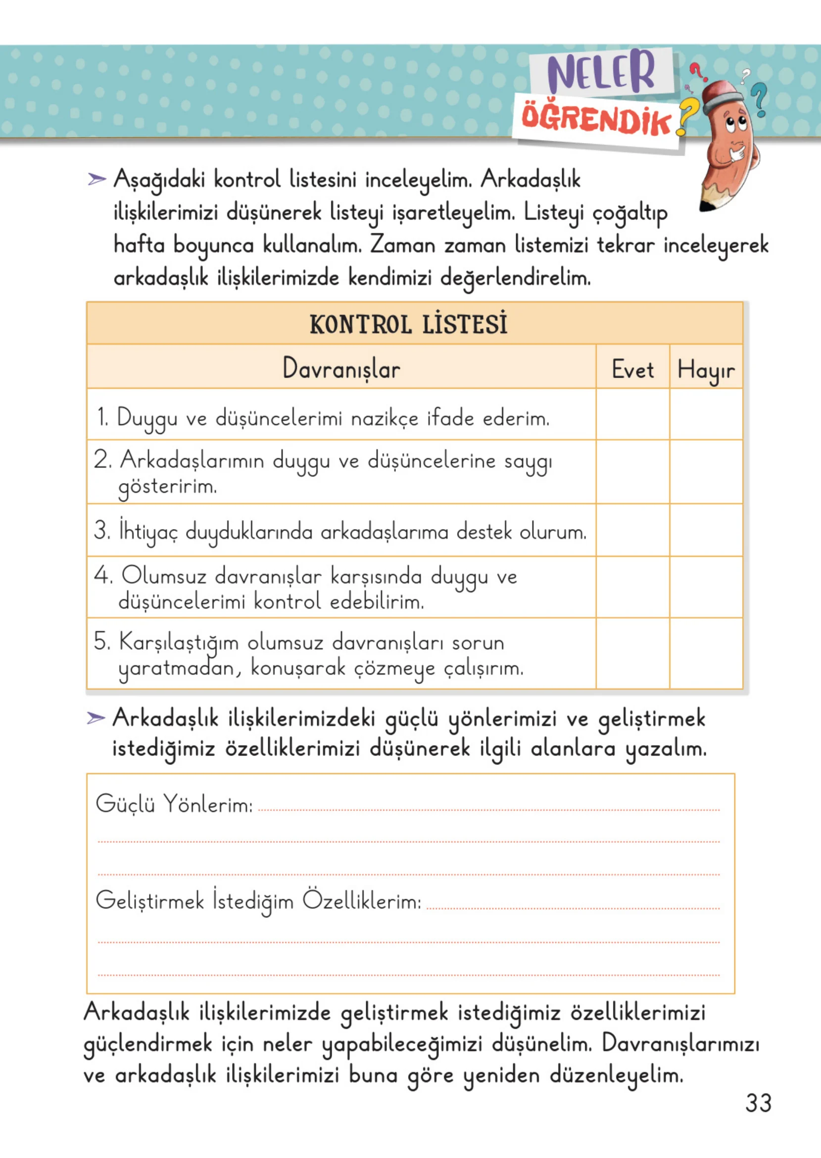 2. Sınıf Hayat Bilgisi Ders Kitabı Cevapları Meb Yayınları 1. Kitap Sayfa 33