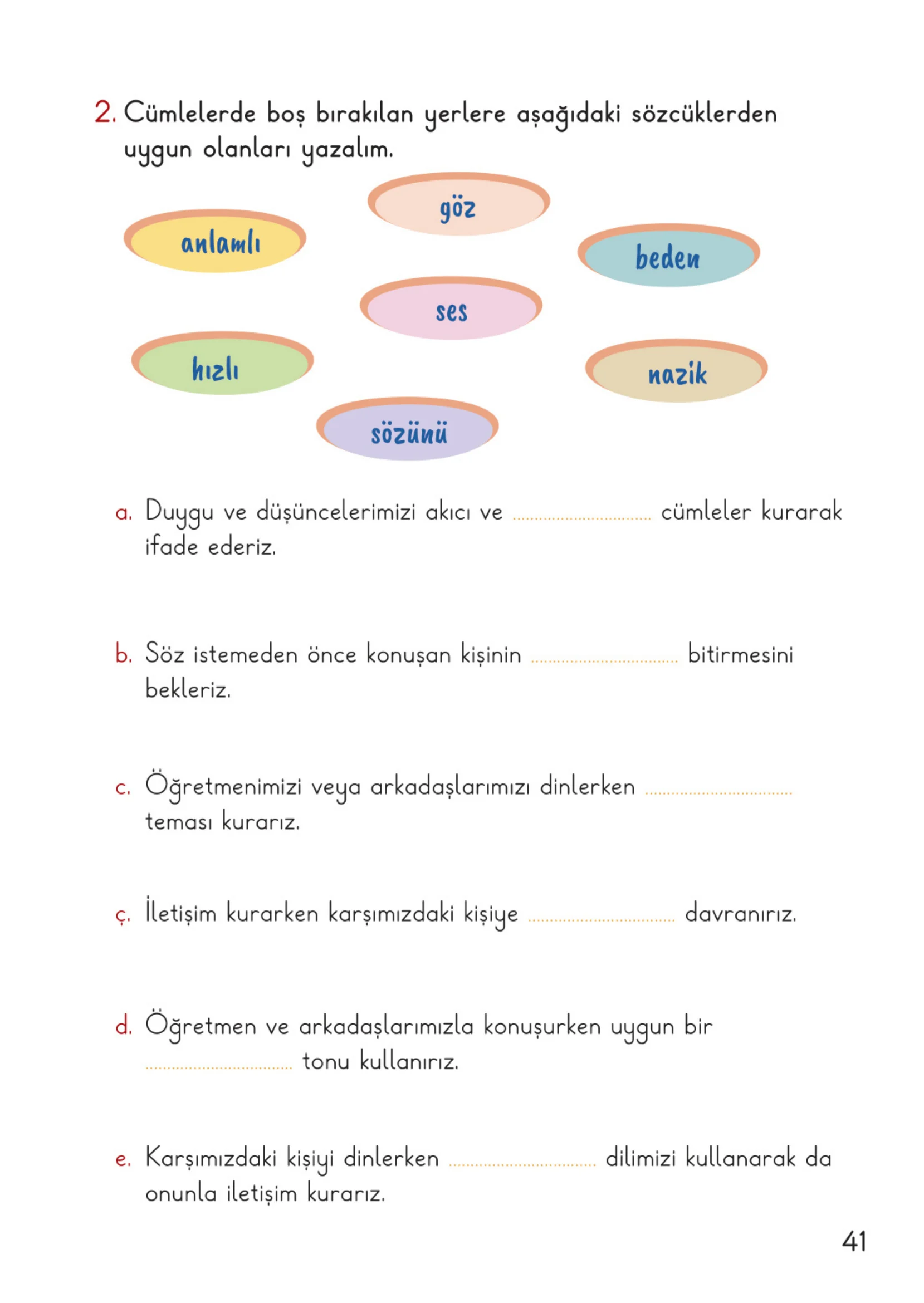 2. Sınıf Hayat Bilgisi Ders Kitabı Cevapları Meb Yayınları 1. Kitap Sayfa 41