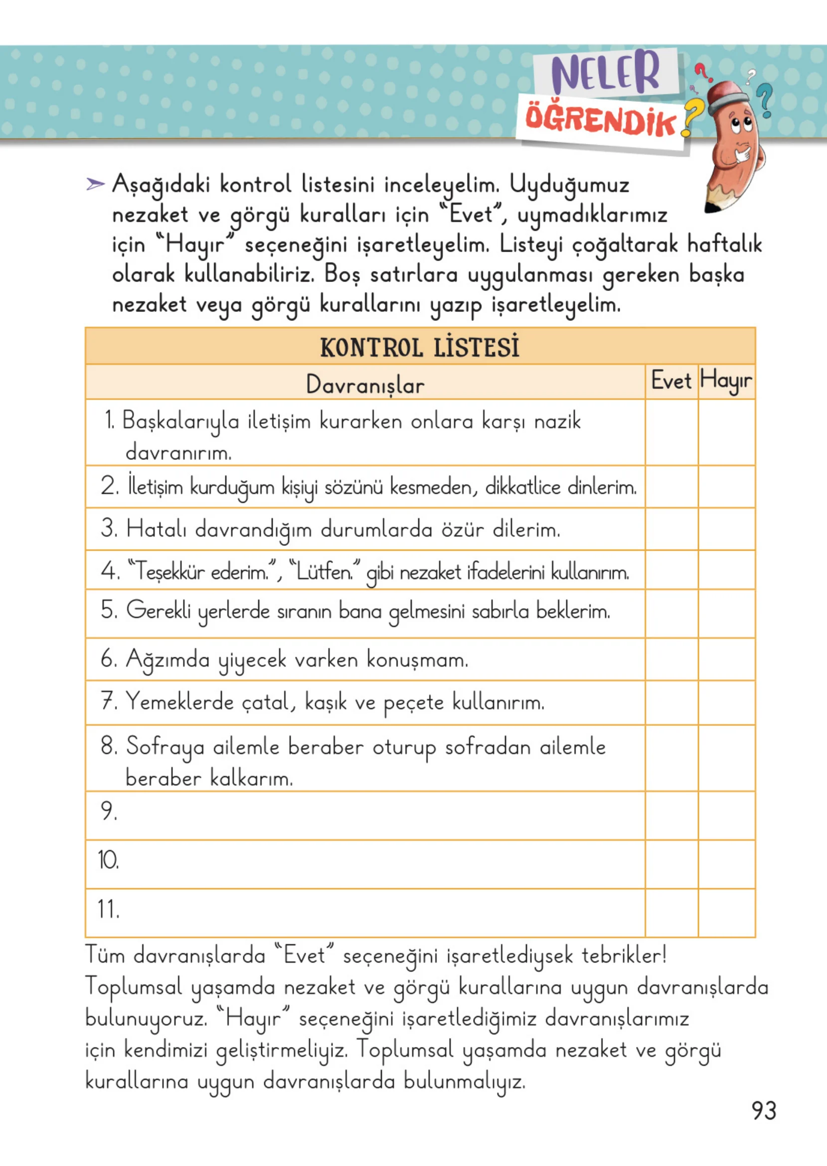 2. Sınıf Hayat Bilgisi Ders Kitabı Cevapları Meb Yayınları 1. Kitap Sayfa 93