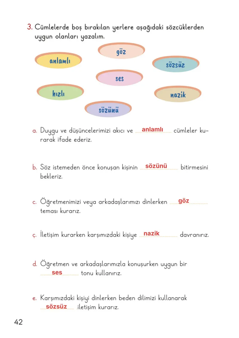 2. Sınıf Hayat Bilgisi Ders Kitabı Cevapları Meb Yayınları 1. Kitap Sayfa 42 Çözüm Görseli