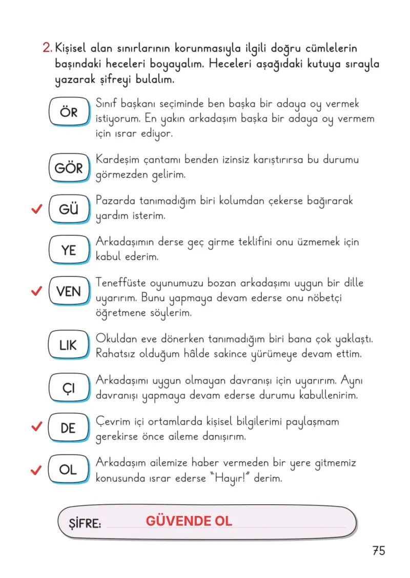 2. Sınıf Hayat Bilgisi Ders Kitabı Cevapları Meb Yayınları 1. Kitap Sayfa 75 Çözüm Görseli