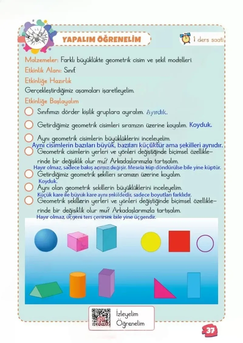 2. Sınıf Matematik Ders Kitabı Cevapları Meb Yayınları 1.Kitap Sayfa 37 Çözüm Görseli