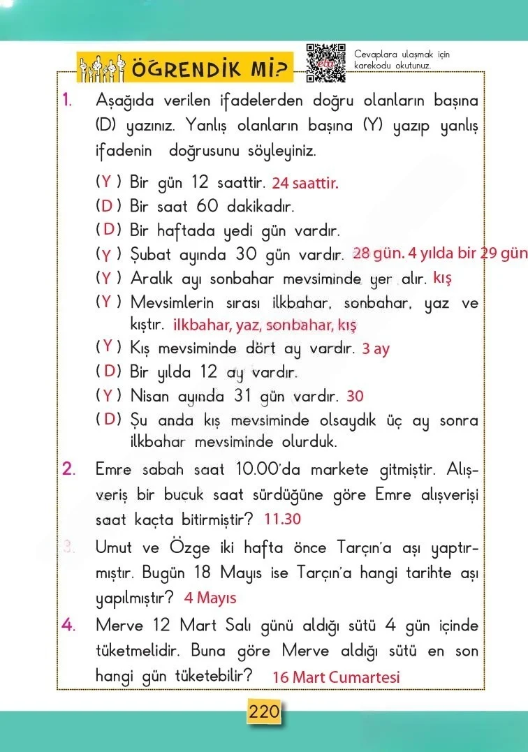 2. Sınıf Matematik Ders Kitabı Cevapları MHG Yayınları Sayfa 220 Çözüm Görseli