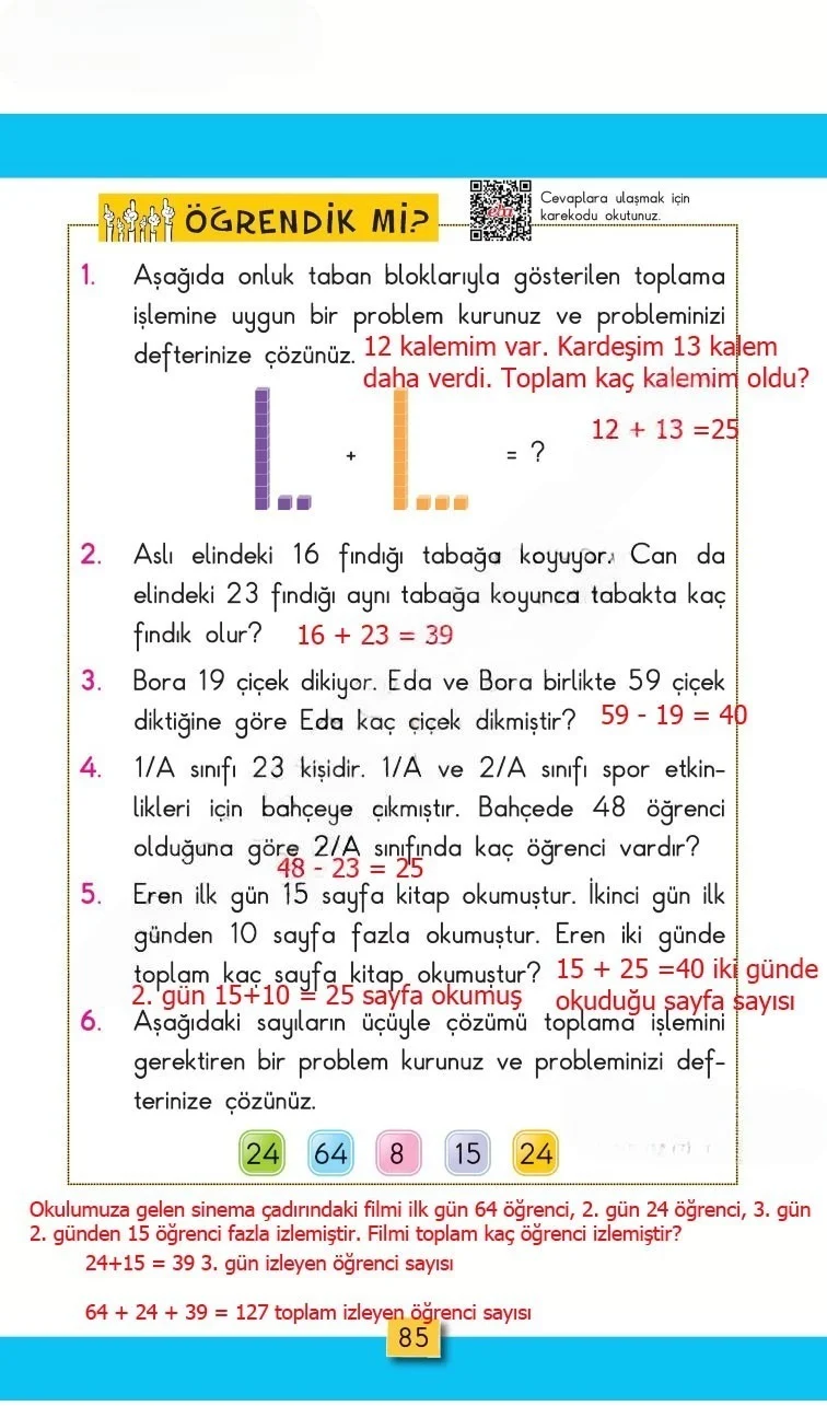 2. Sınıf Matematik Ders Kitabı Cevapları MHG Yayınları Sayfa 85 Çözüm Görseli