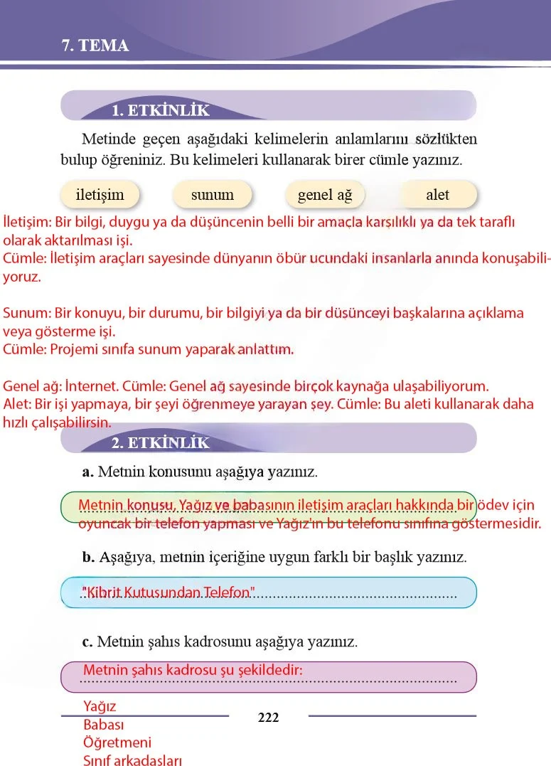 2. Sınıf Türkçe Ders Kitabı Cevapları Bilim ve Kültür Yayınları Sayfa 222 Çözüm Görseli