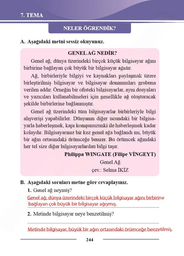 2. Sınıf Türkçe Ders Kitabı Cevapları Bilim ve Kültür Yayınları Sayfa 244 Çözüm Görseli