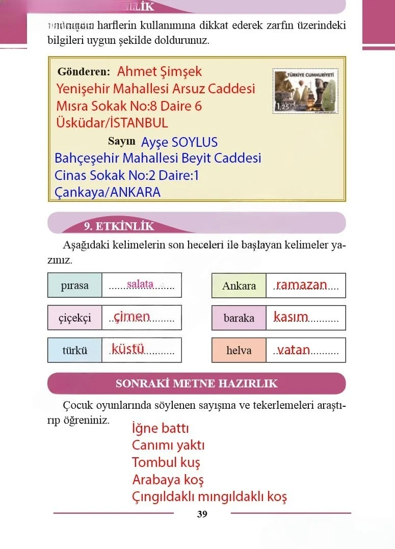2. Sınıf Türkçe Ders Kitabı Cevapları Bilim ve Kültür Yayınları Sayfa 39 Çözüm Görseli