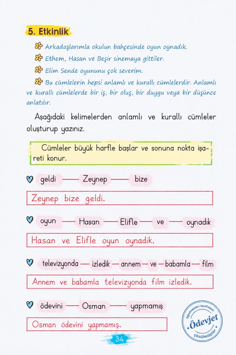2. Sınıf Türkçe Ders Kitabı Cevapları Koza Yayınları Sayfa 34 Çözüm Görseli