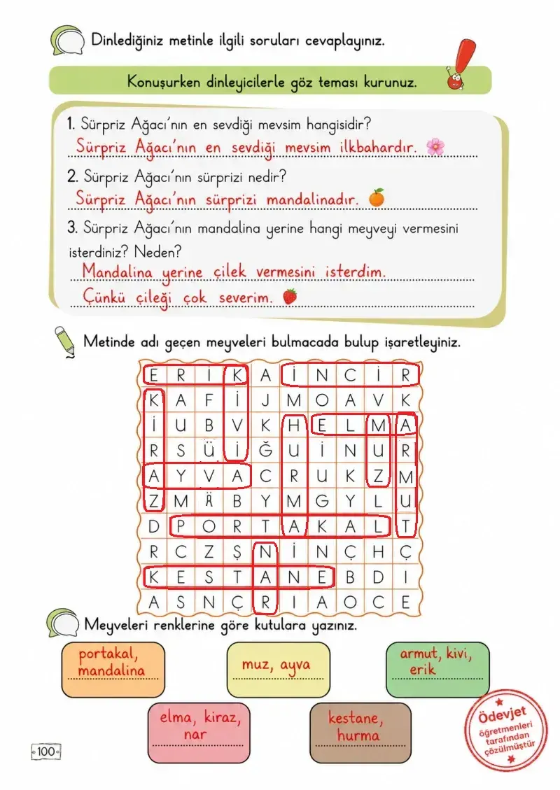 2. Sınıf Türkçe Ders Kitabı Cevapları Meb Yayınları 1. Kitap Sayfa 100 Çözüm Görseli