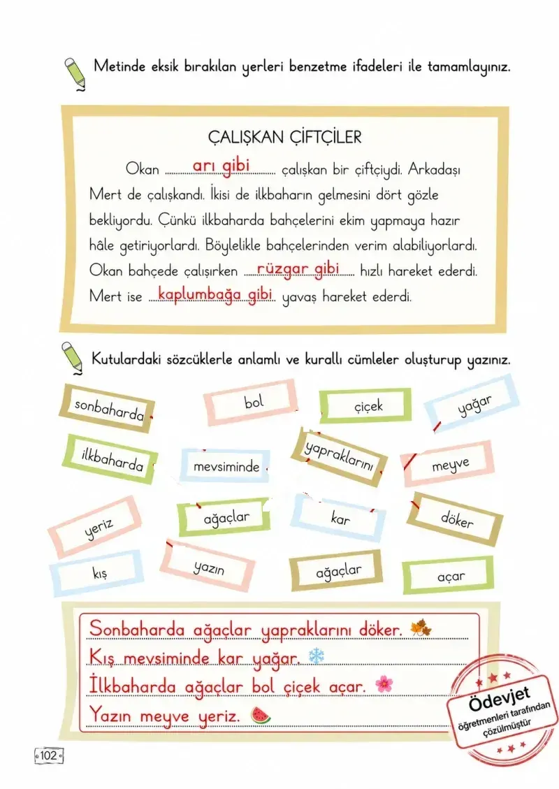 2. Sınıf Türkçe Ders Kitabı Cevapları Meb Yayınları 1. Kitap Sayfa 102 Çözüm Görseli