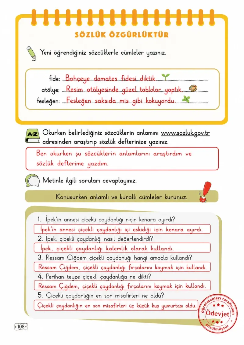 2. Sınıf Türkçe Ders Kitabı Cevapları Meb Yayınları 1. Kitap Sayfa 108 Çözüm Görseli