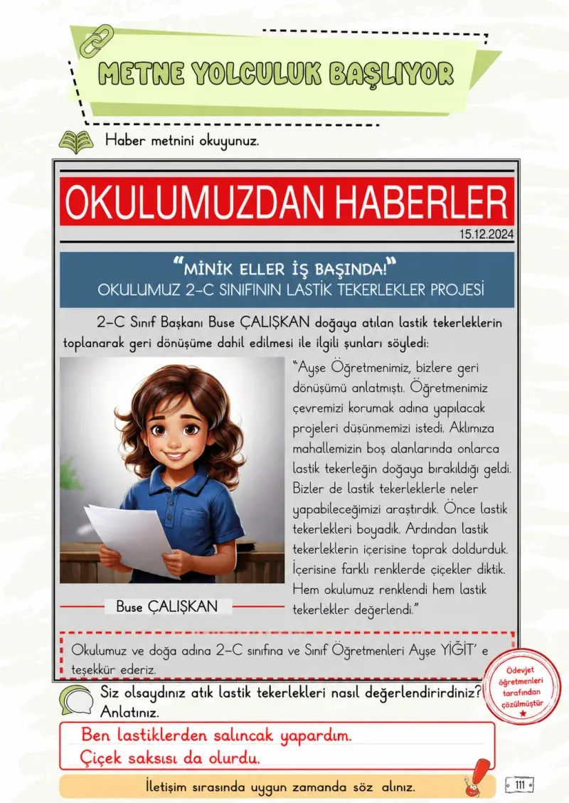2. Sınıf Türkçe Ders Kitabı Cevapları Meb Yayınları 1. Kitap Sayfa 111 Çözüm Görseli