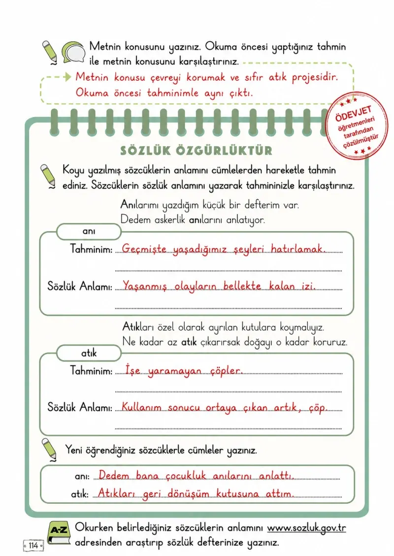 2. Sınıf Türkçe Ders Kitabı Cevapları Meb Yayınları 1. Kitap Sayfa 114 Çözüm Görseli