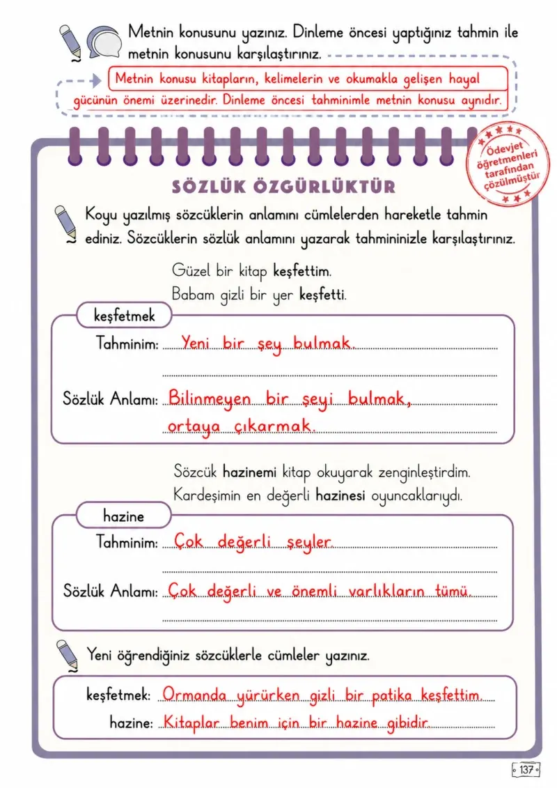 2. Sınıf Türkçe Ders Kitabı Cevapları Meb Yayınları 1. Kitap Sayfa 137 Çözüm Görseli