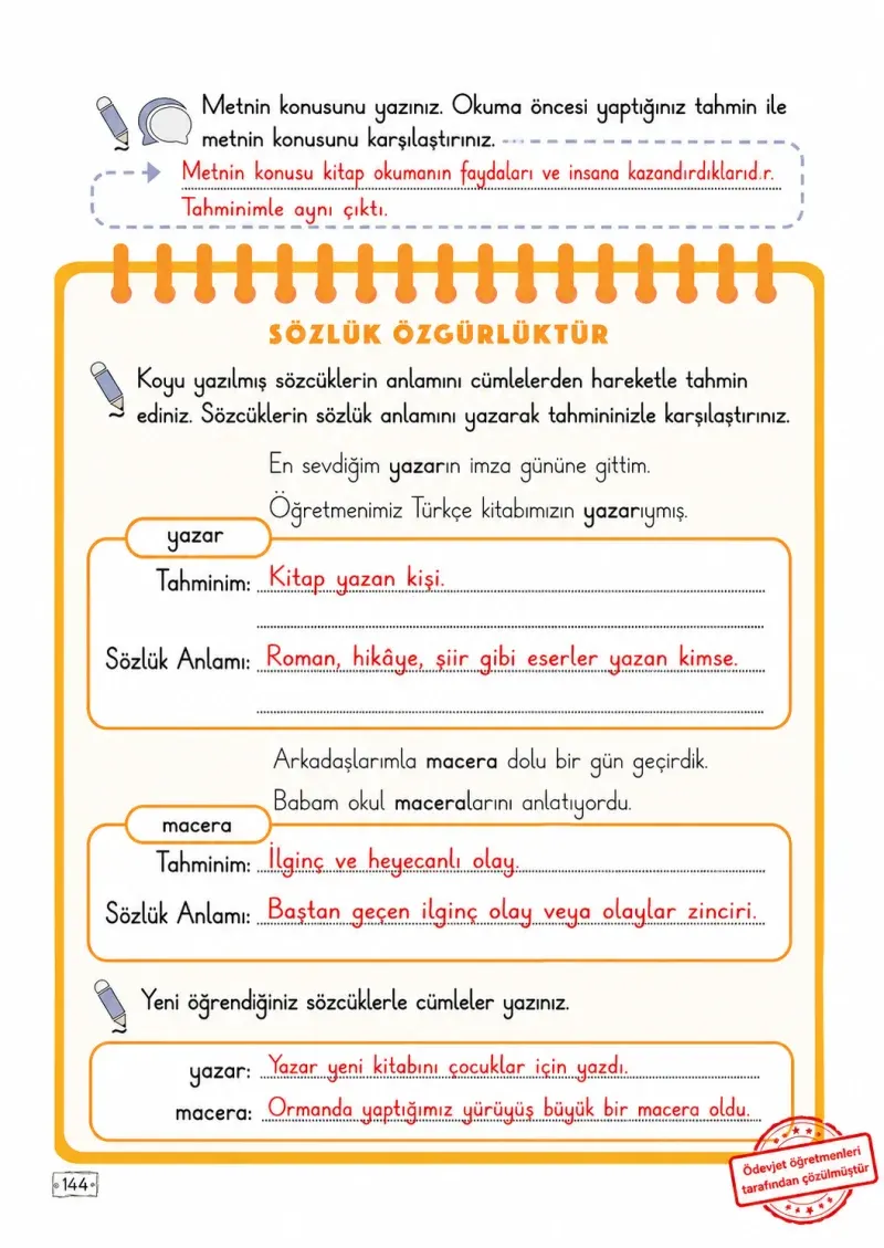 2. Sınıf Türkçe Ders Kitabı Cevapları Meb Yayınları 1. Kitap Sayfa 144 Çözüm Görseli