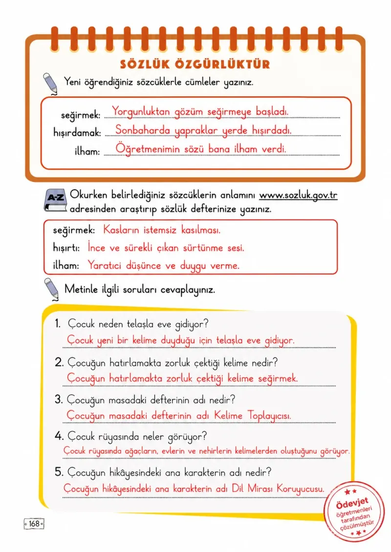 2. Sınıf Türkçe Ders Kitabı Cevapları Meb Yayınları 1. Kitap Sayfa 168 Çözüm Görseli