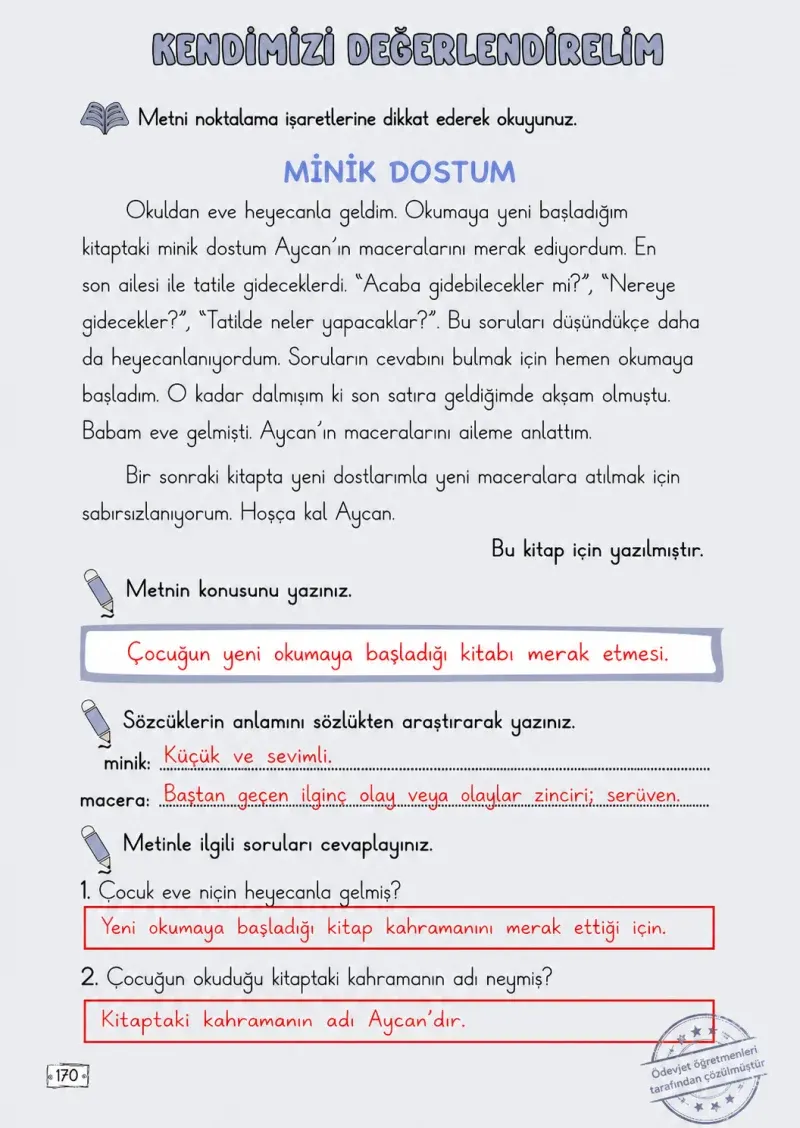 2. Sınıf Türkçe Ders Kitabı Cevapları Meb Yayınları 1. Kitap Sayfa 170 Çözüm Görseli