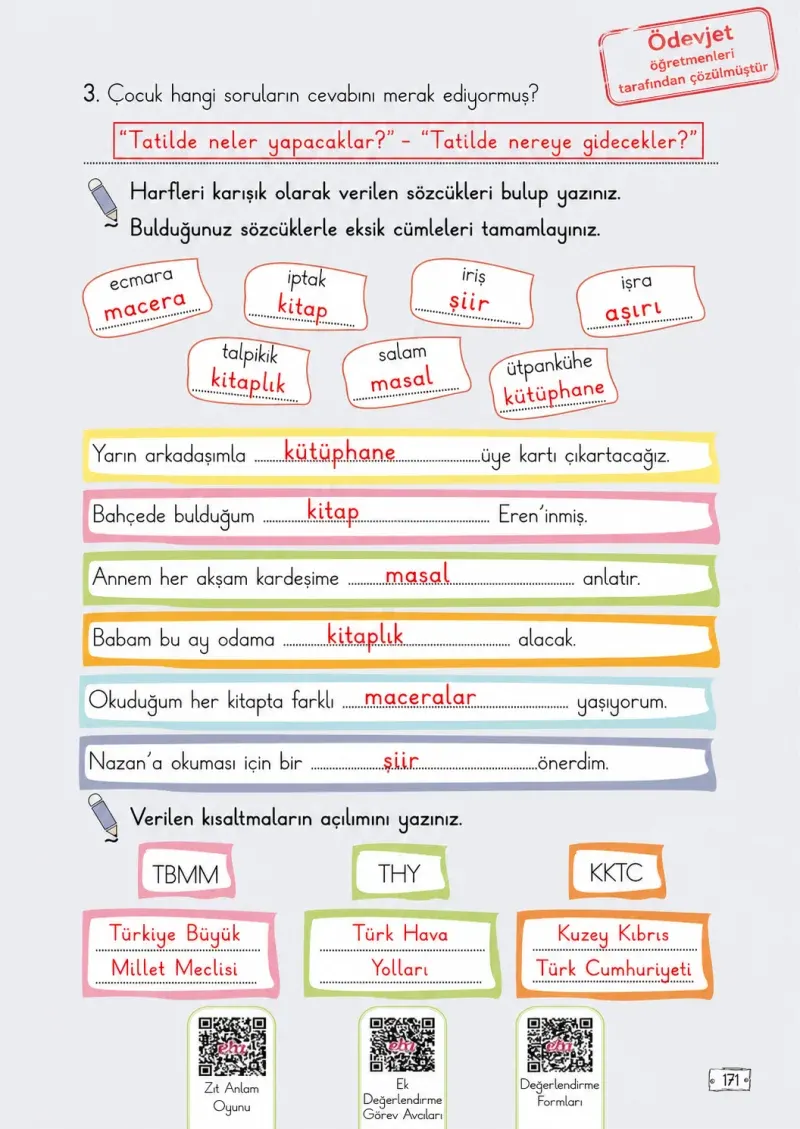 2. Sınıf Türkçe Ders Kitabı Cevapları Meb Yayınları 1. Kitap Sayfa 171 Çözüm Görseli