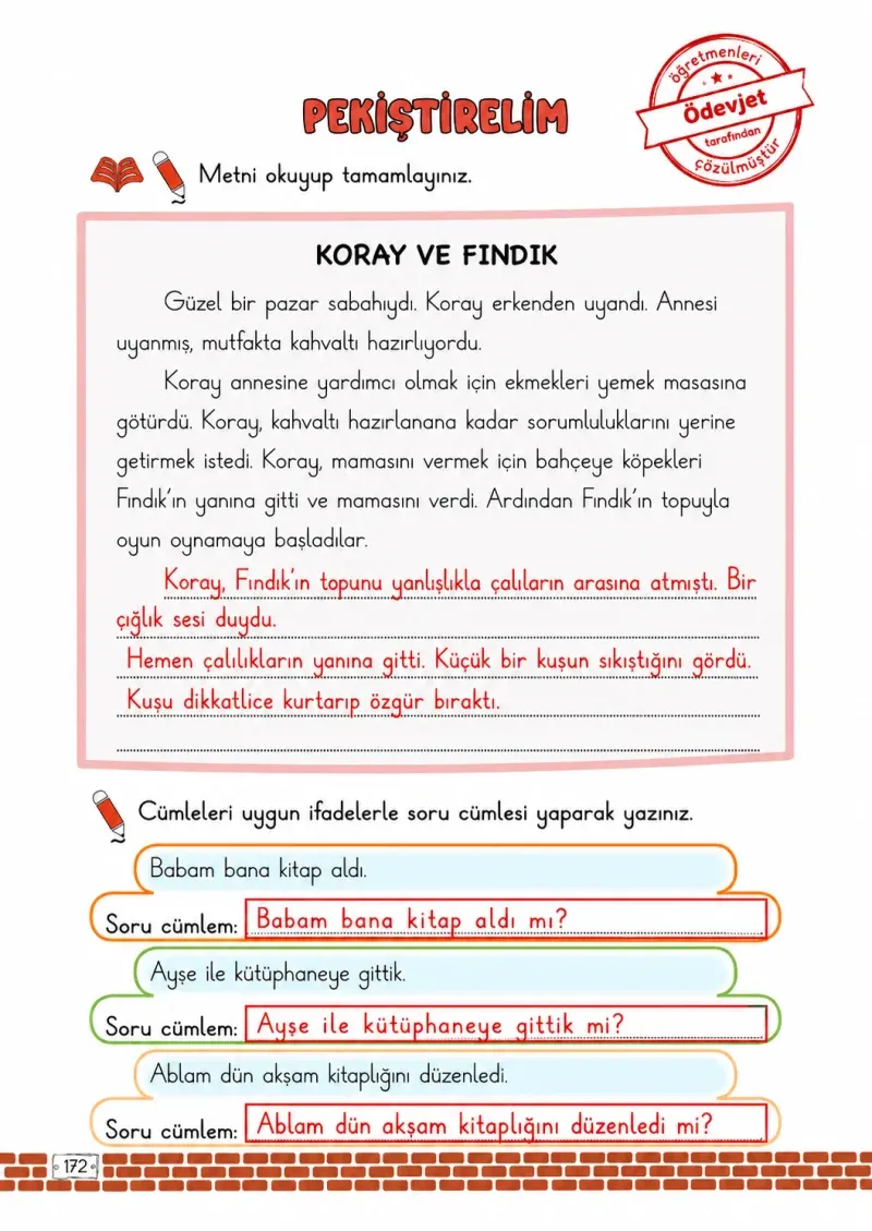 2. Sınıf Türkçe Ders Kitabı Cevapları Meb Yayınları 1. Kitap Sayfa 172 Çözüm Görseli