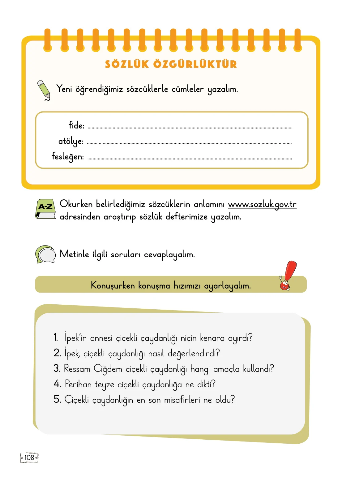2. Sınıf Türkçe Ders Kitabı Cevapları Meb Yayınları 1. Kitap Sayfa 108