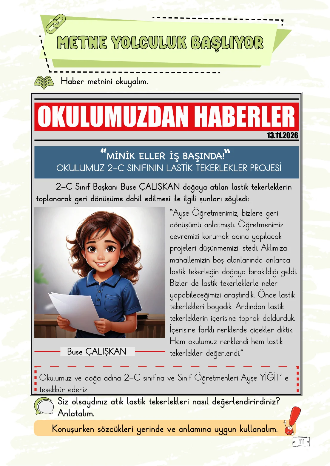 2. Sınıf Türkçe Ders Kitabı Cevapları Meb Yayınları 1. Kitap Sayfa 111