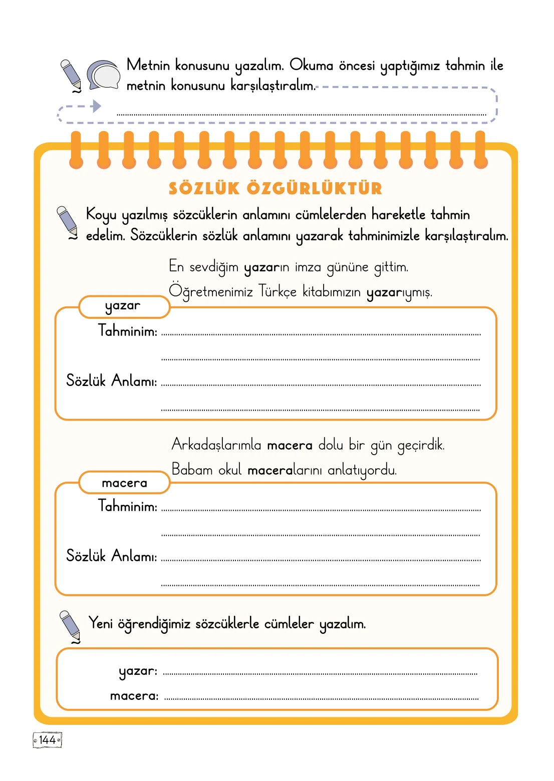 2. Sınıf Türkçe Ders Kitabı Cevapları Meb Yayınları 1. Kitap Sayfa 144