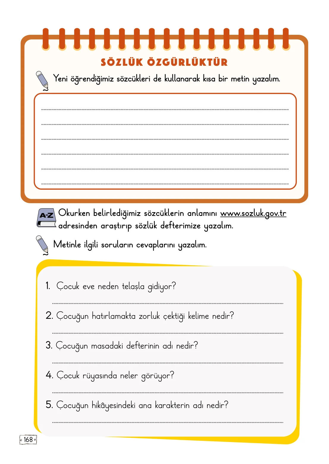 2. Sınıf Türkçe Ders Kitabı Cevapları Meb Yayınları 1. Kitap Sayfa 168