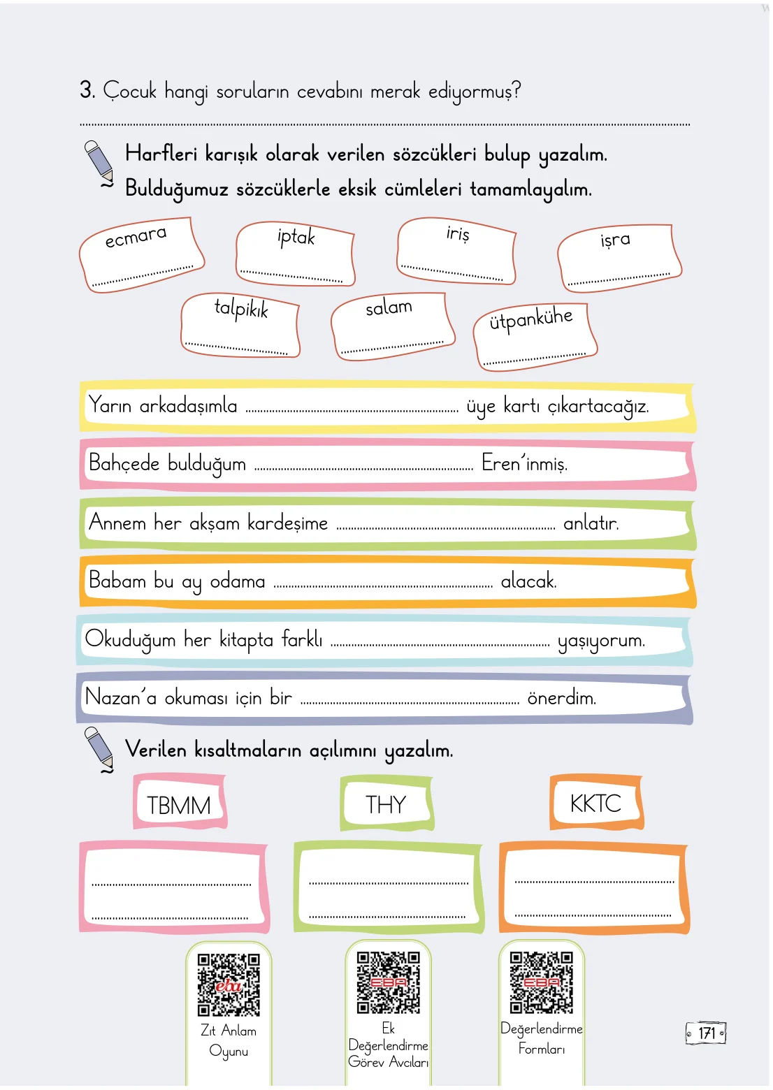 2. Sınıf Türkçe Ders Kitabı Cevapları Meb Yayınları 1. Kitap Sayfa 171