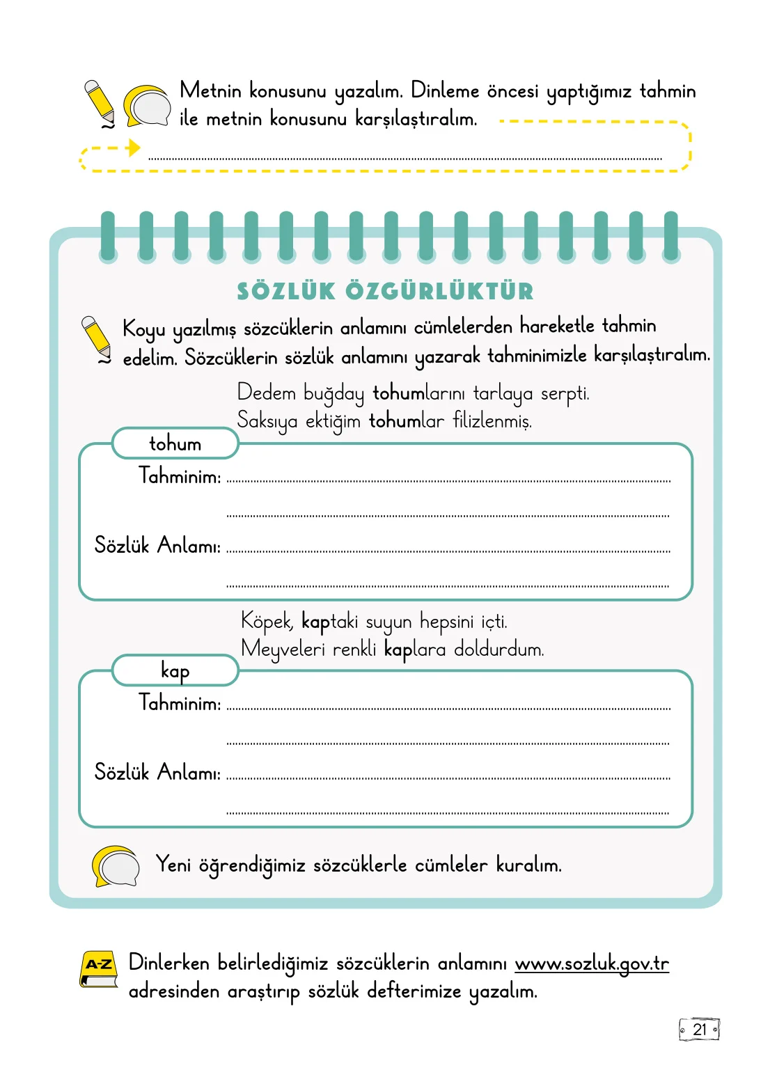 2. Sınıf Türkçe Ders Kitabı Cevapları Meb Yayınları 1. Kitap Sayfa 21