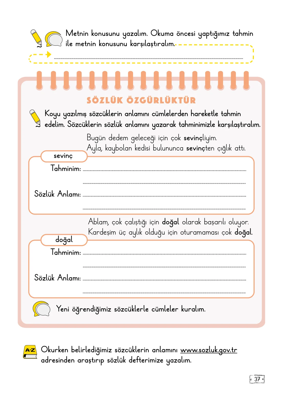 2. Sınıf Türkçe Ders Kitabı Cevapları Meb Yayınları 1. Kitap Sayfa 37